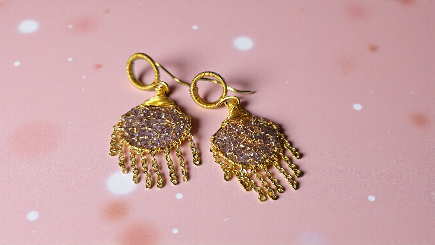 Purple Handmade Bead Wrap Earrings with Gold Details and Beaded Fringes for Elegant Style