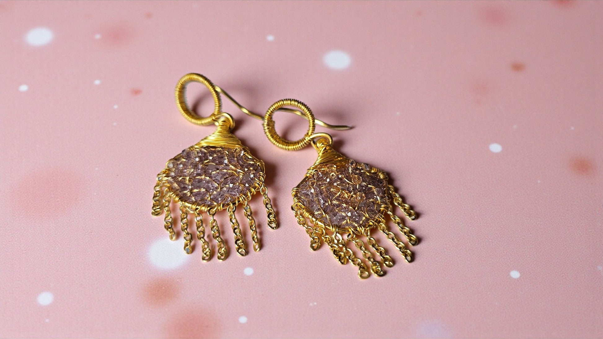 Purple Handmade Bead Wrap Earrings with Gold Details and Beaded Fringes for Elegant Style
