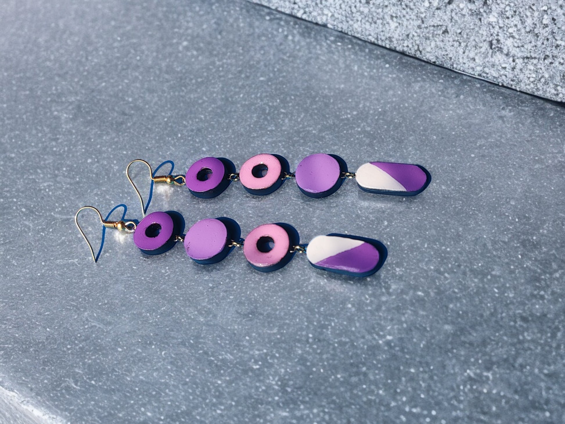 Purple statement earrings terracotta handcrafted with geometric shapes from Anusangi Collections