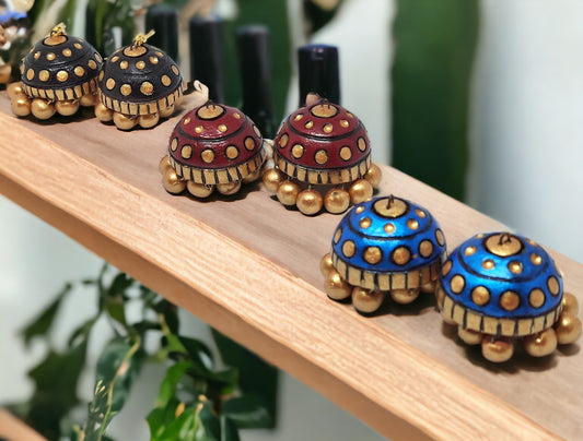 Colorful Rambha Jhumka Terracotta Earrings with gold bead detailing from Anusangi Collections
