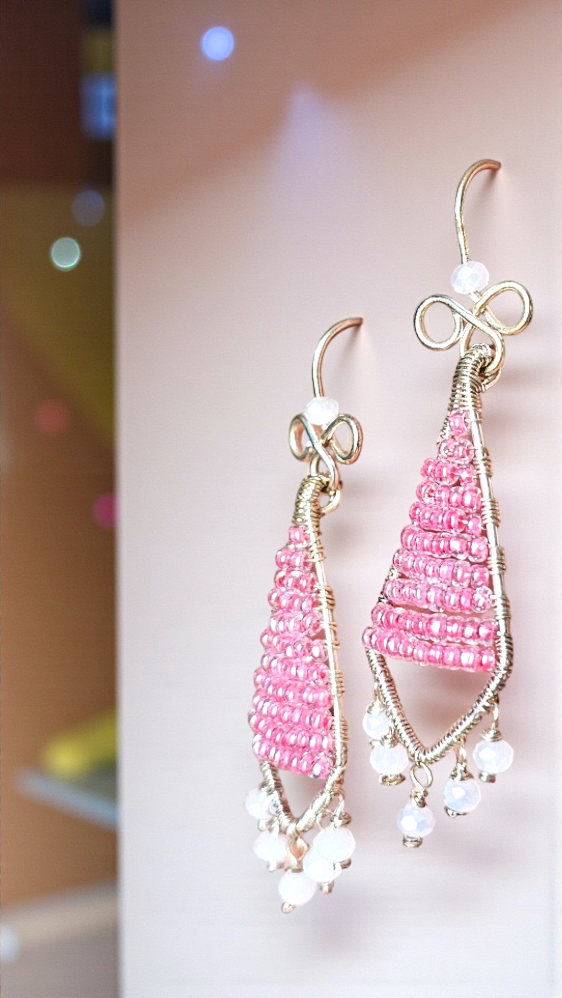 Anusangi Collections rosy pink beaded earrings with delicate loops and white bead dangles Rosy Ribbon Dangles