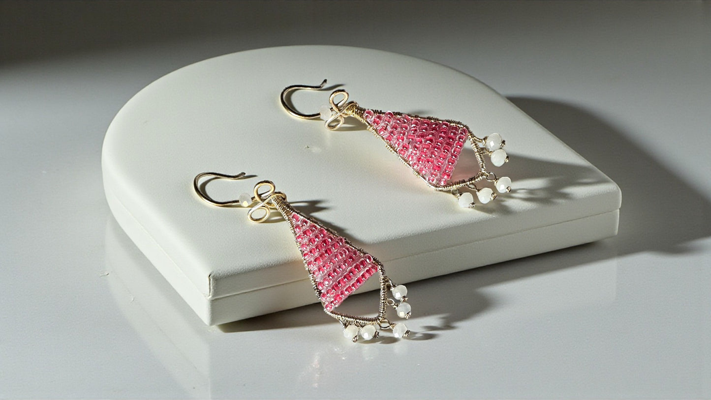 Anusangi Collections Rosy Ribbon Dangles beaded earrings in pink with pearl accents and gold hooks