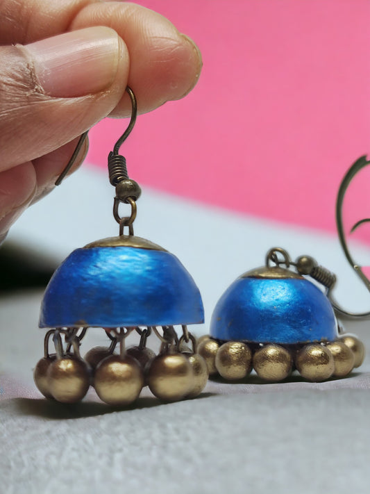 Royal blue jhumka earrings terracotta with gold beads from Anusangi Collections