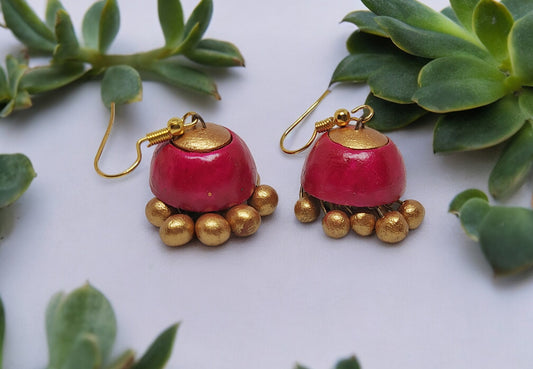 Sarala pink Terracotta jhumka for women by Anusangi Collections with gold accents and hook design