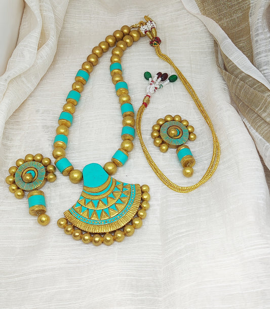 Anusangi Collections sea green terracotta jewelry set with necklace and matching earrings