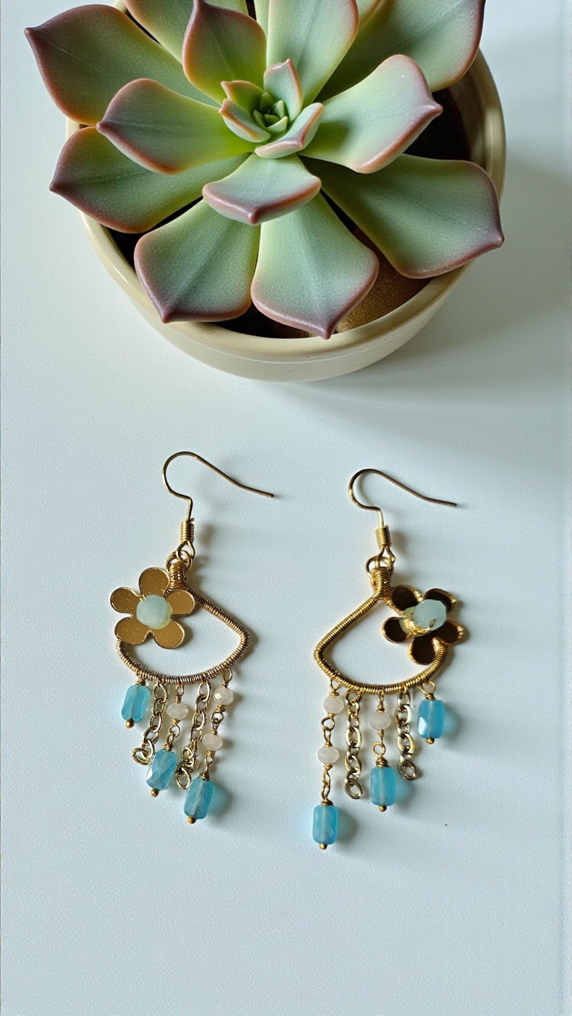 Sky Garden Dangles with floral designs and turquoise beads gold-tone beaded earrings by Anusangi Collections