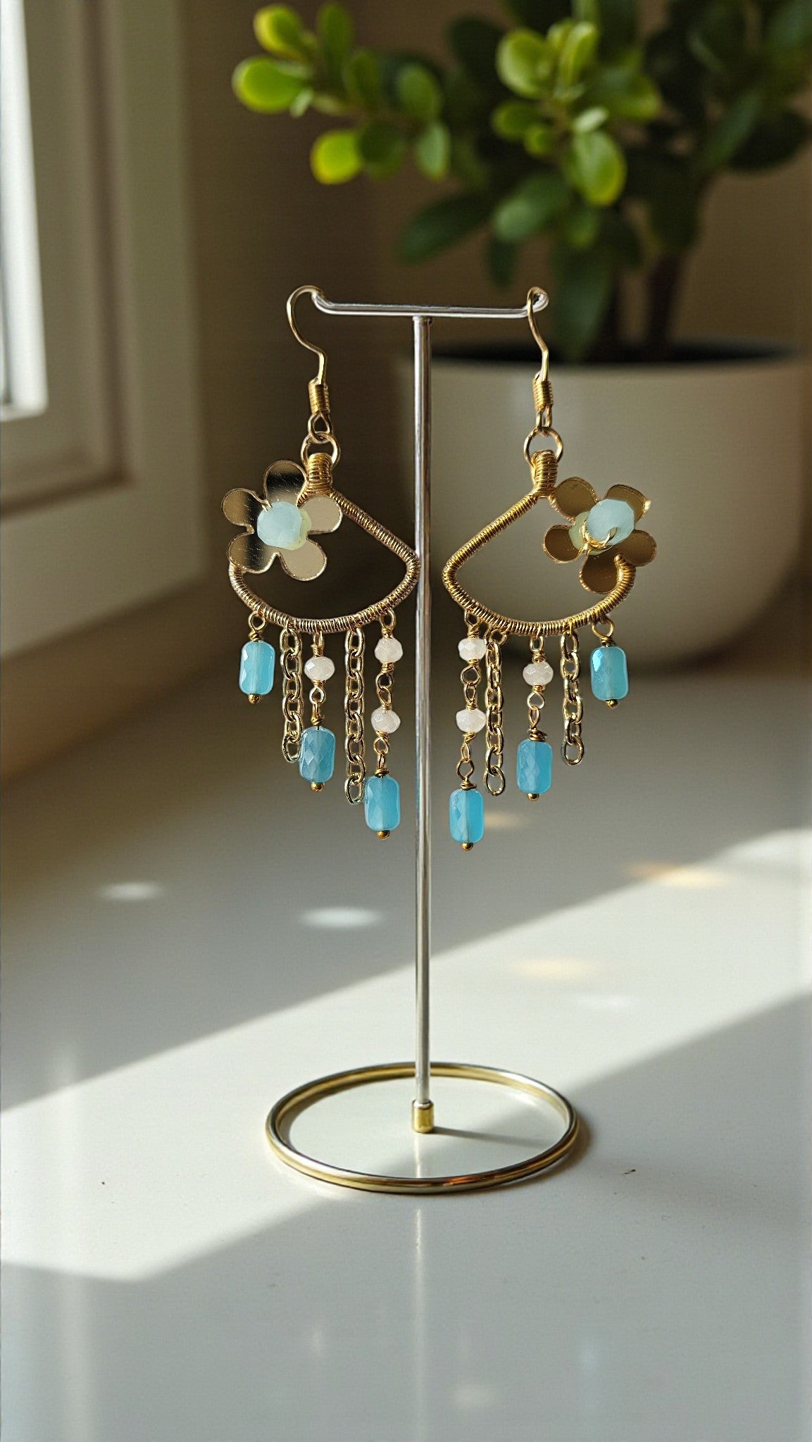 Sky Garden Dangles with floral designs and turquoise beads beaded earrings by Anusangi Collections