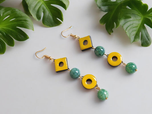 Anusangi Collections yellow and green statement terracotta earrings with geometric design