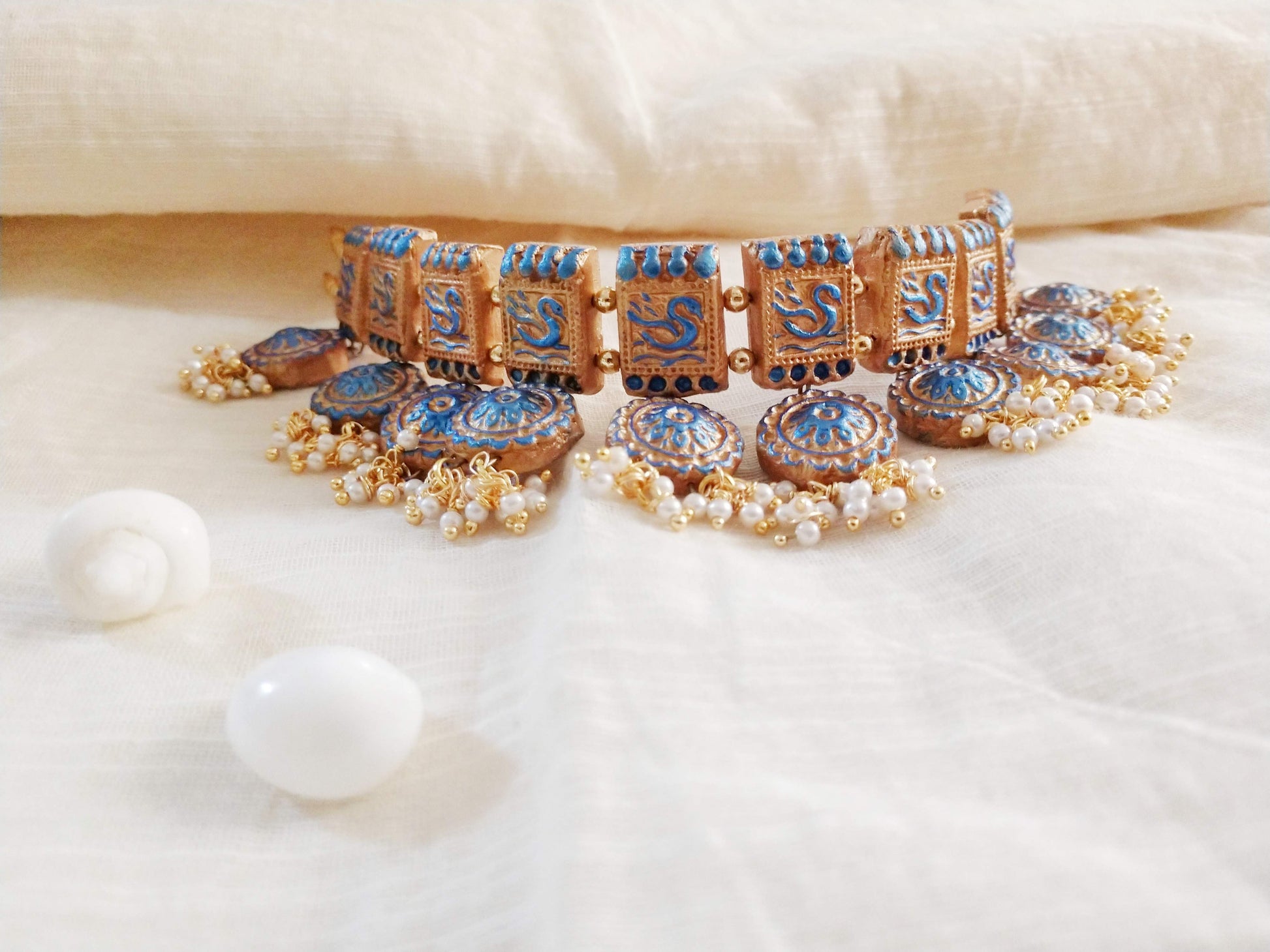 Anusangi Collections traditional fabric choker necklace terracotta jewelry set with blue and gold detailing