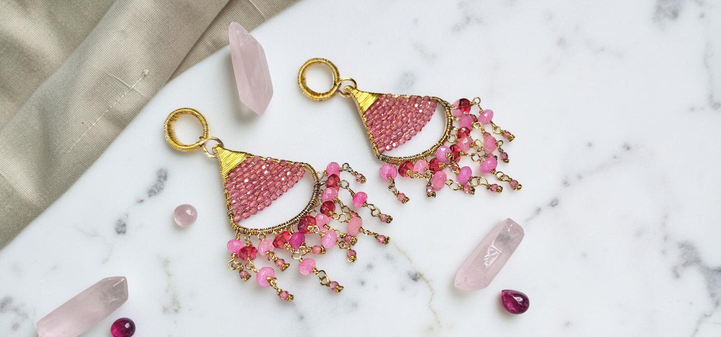 Rose Cascade Beaded Boho Statement Dangle Earrings