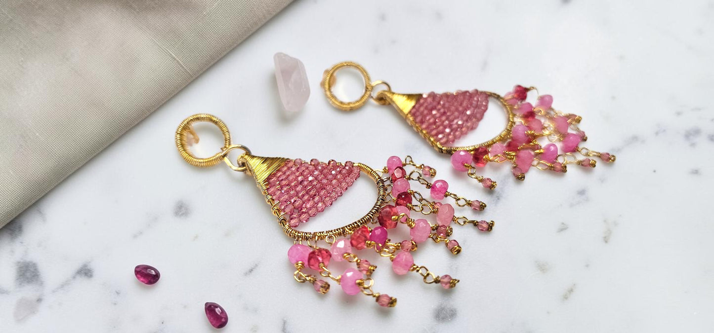 Rose Cascade Beaded Boho Statement Dangle Earrings