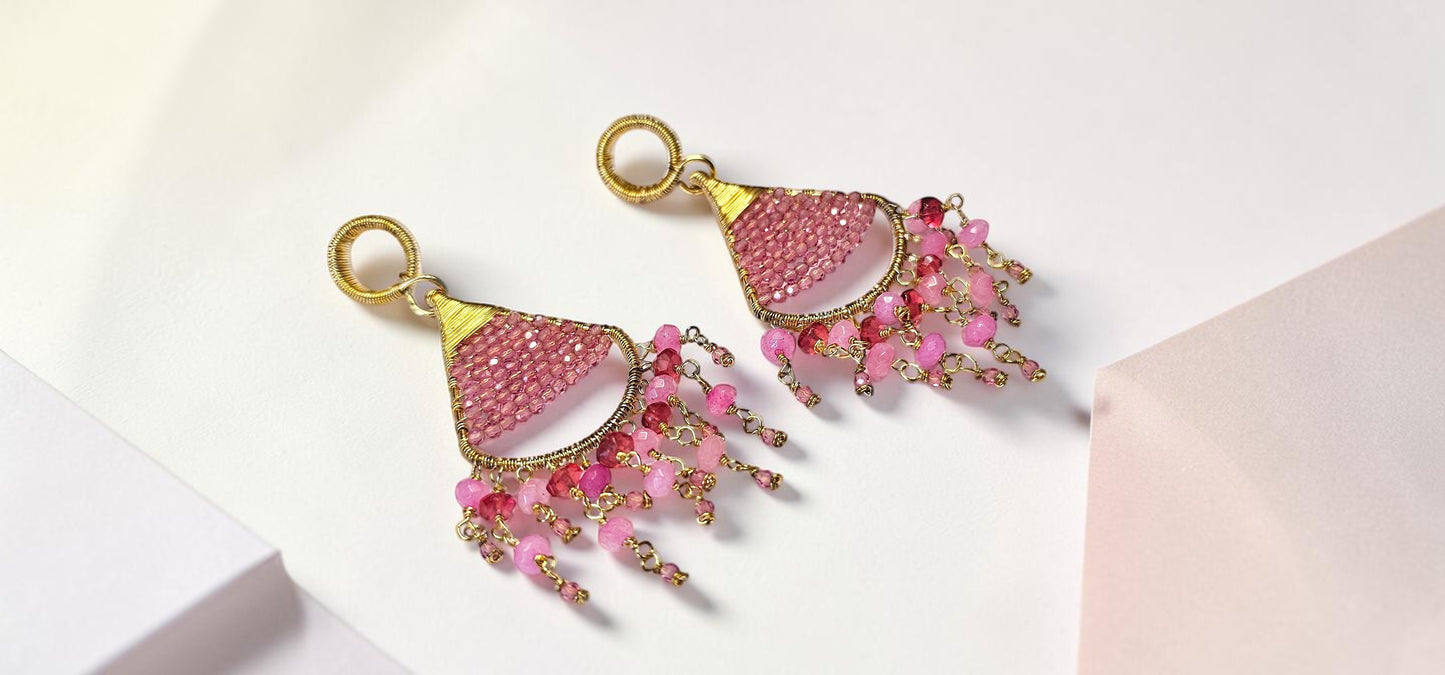 Rose Cascade Beaded Boho Statement Dangle Earrings