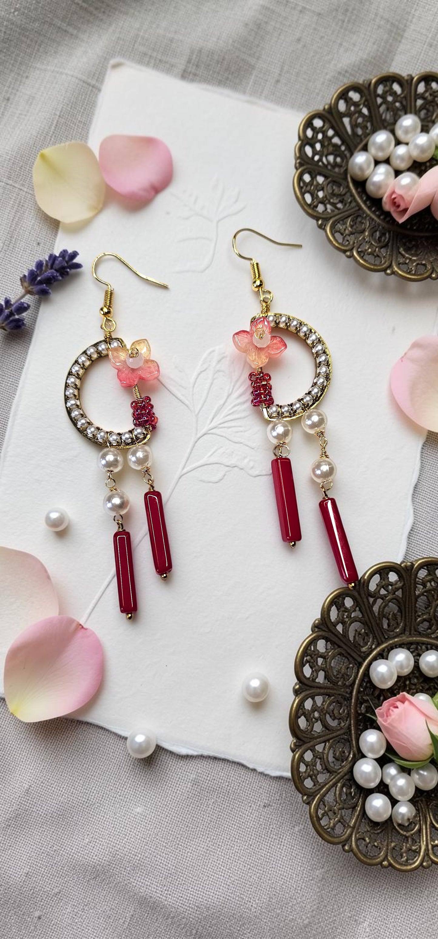 Blossom & Pearl Chandelier Earrings – Red Drop Statement Dangles