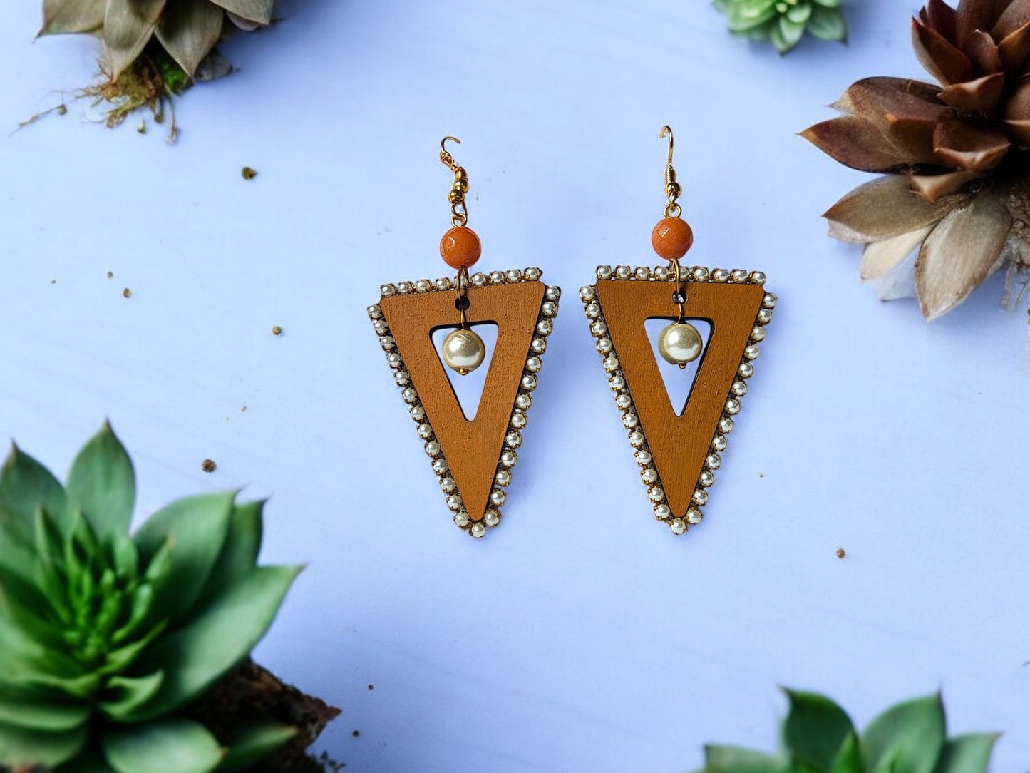Anusangi Collections triangle statement earrings with beads and pearl detail on gold hooks