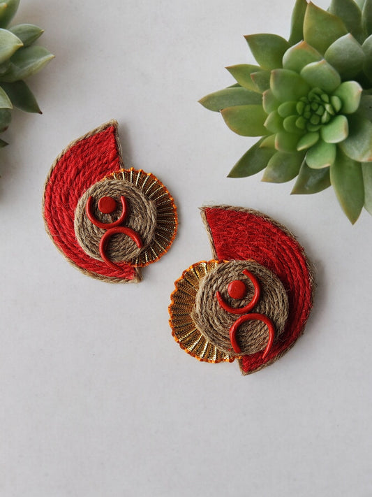 Unique Aanshi fabric earrings in red and beige with intricate threadwork by Anusangi Collections
