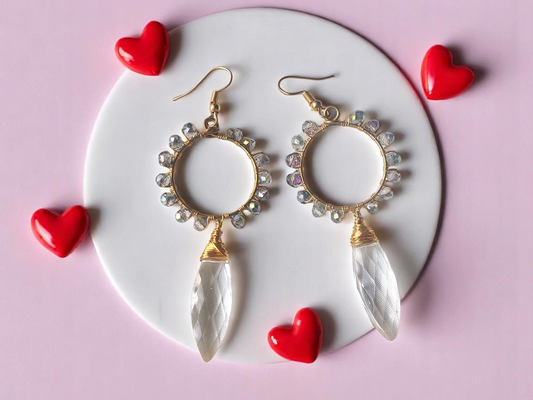 Anusangi Collections unique crystal beaded dangles with gold hoop and clear crystal teardrop earrings