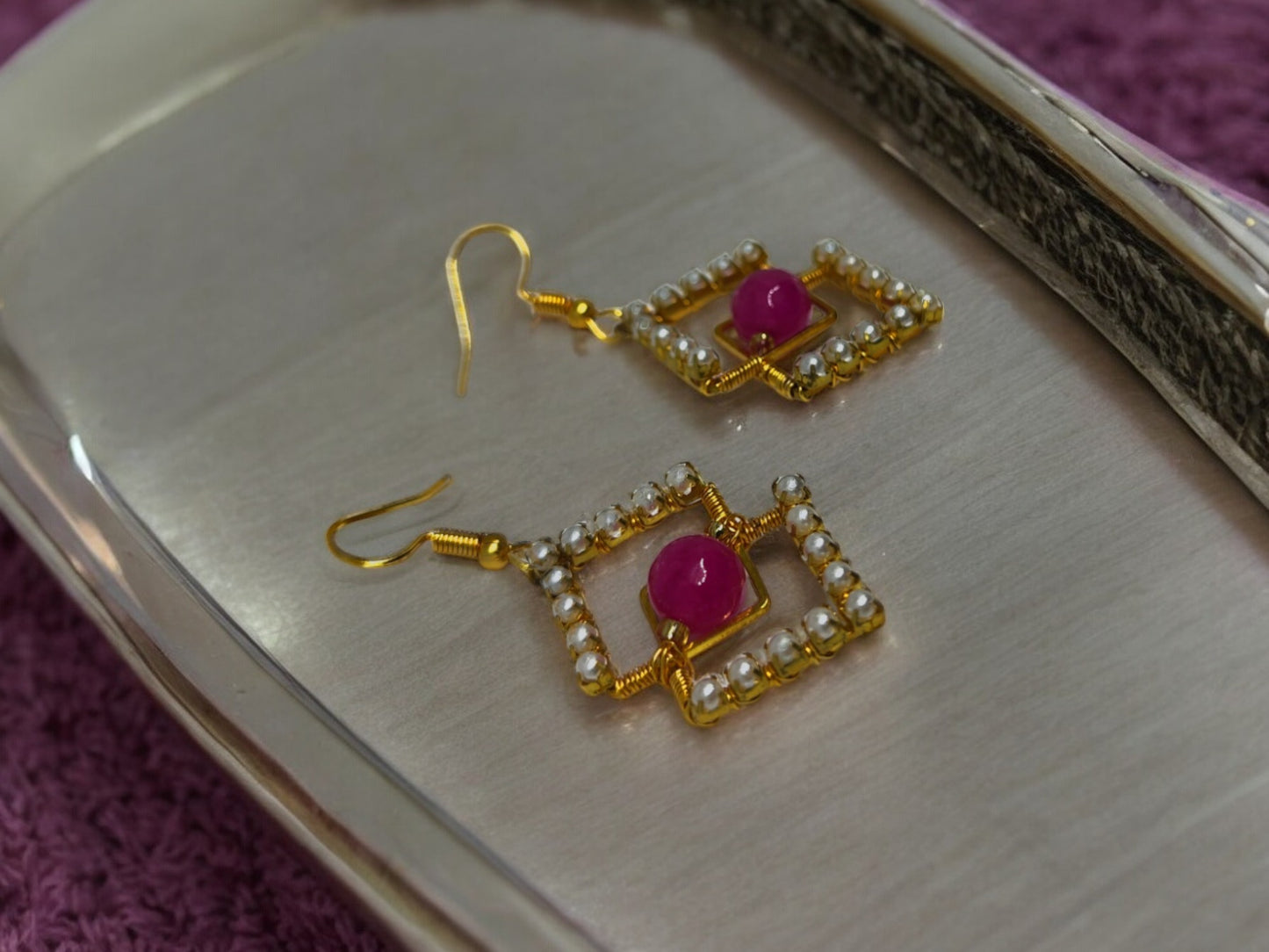 Urishilla Geometric Beaded Earrings from Anusangi Collections featuring gold tone, pearls, and pink center beads