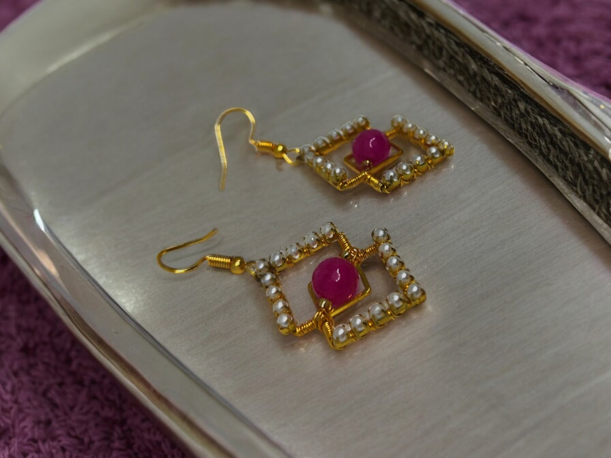 Urishilla Geometric Beaded Earrings from Anusangi Collections featuring gold tone, pearls, and pink center beads