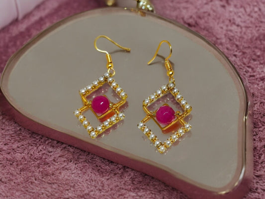 Urishilla Geometric Beaded Earrings with gold hooks and pink center beads from Anusangi Collections