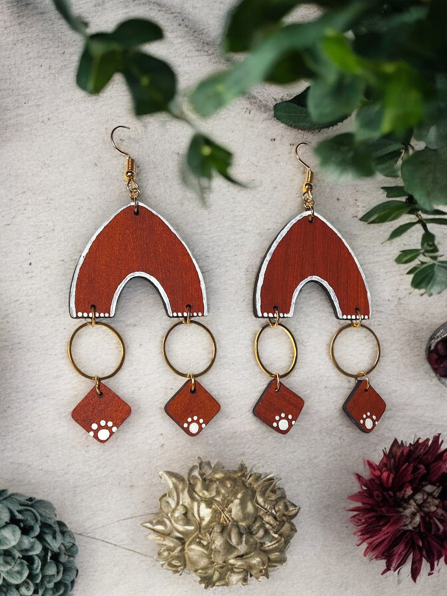 Bohemian wooden statement earrings with red beaded design and gold hoops from Anusangi Collections
