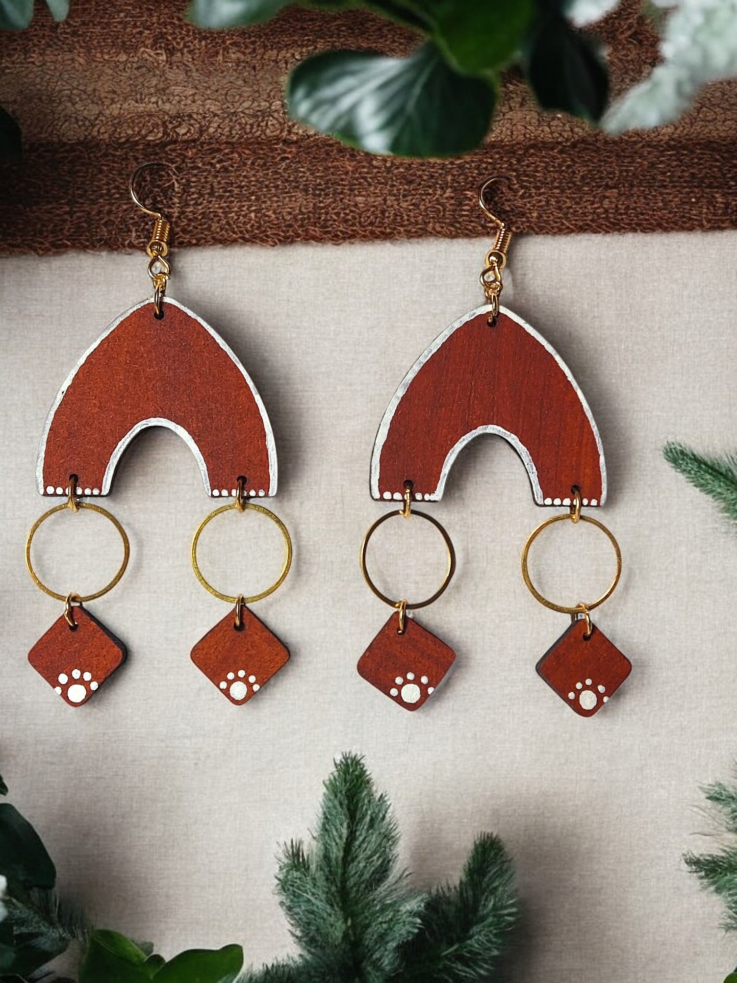 Anusangi Collections bohemian wooden statement earrings with red wooden arches and gold rings