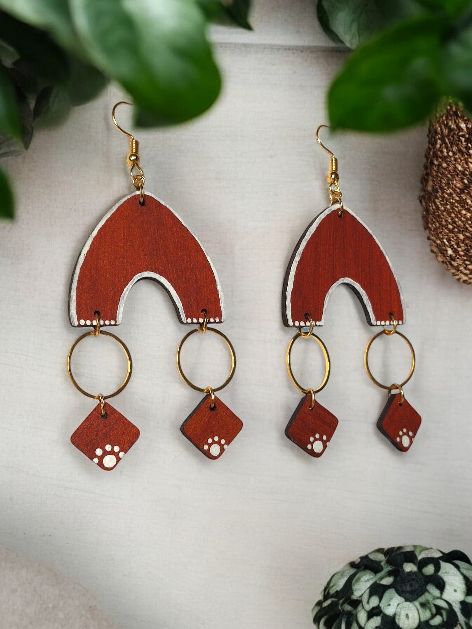 Bohemian wooden statement earrings by Anusangi Collections with red wooden arch and gold rings