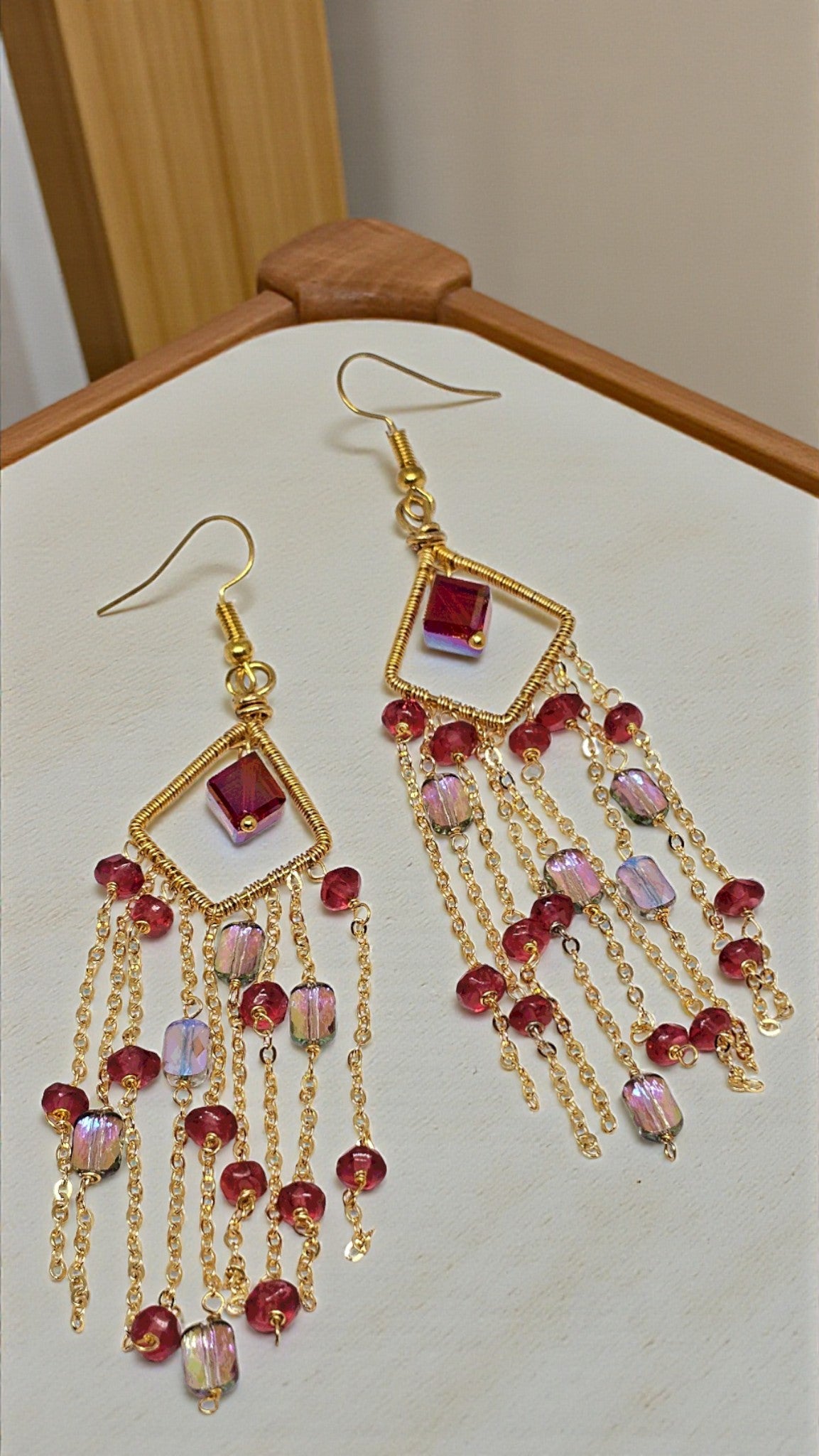 Anusangi Collections Rose Aurora Cascade Earrings with gold chains and pink and purple beads