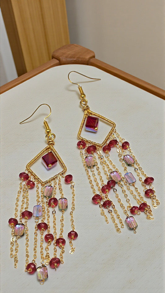 Anusangi Collections Rose Aurora Cascade Earrings with gold chains and pink and purple beads