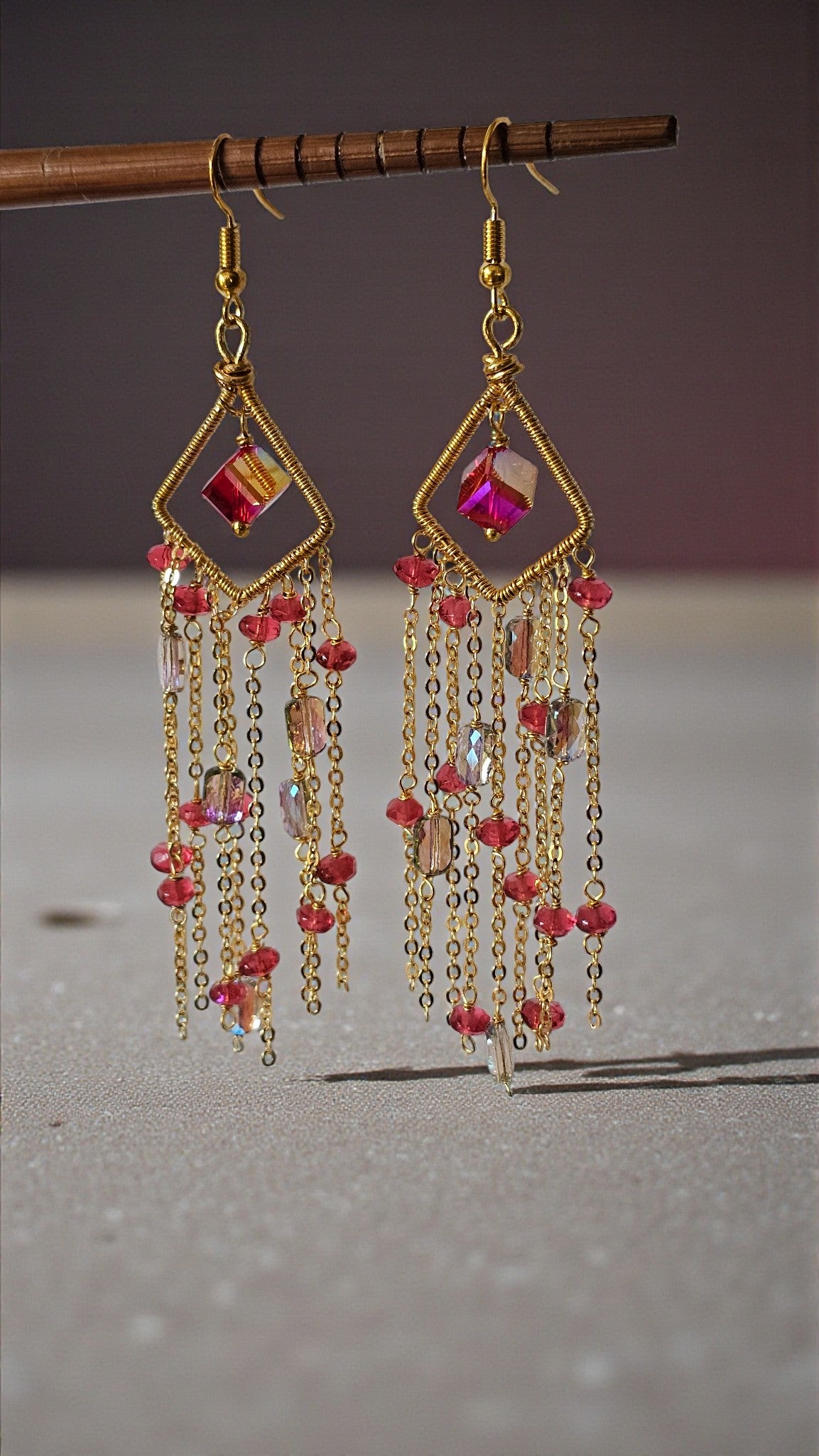 Anusangi Collections Rose Aurora Cascade Earrings gold beaded dangle earrings with pink and red beads