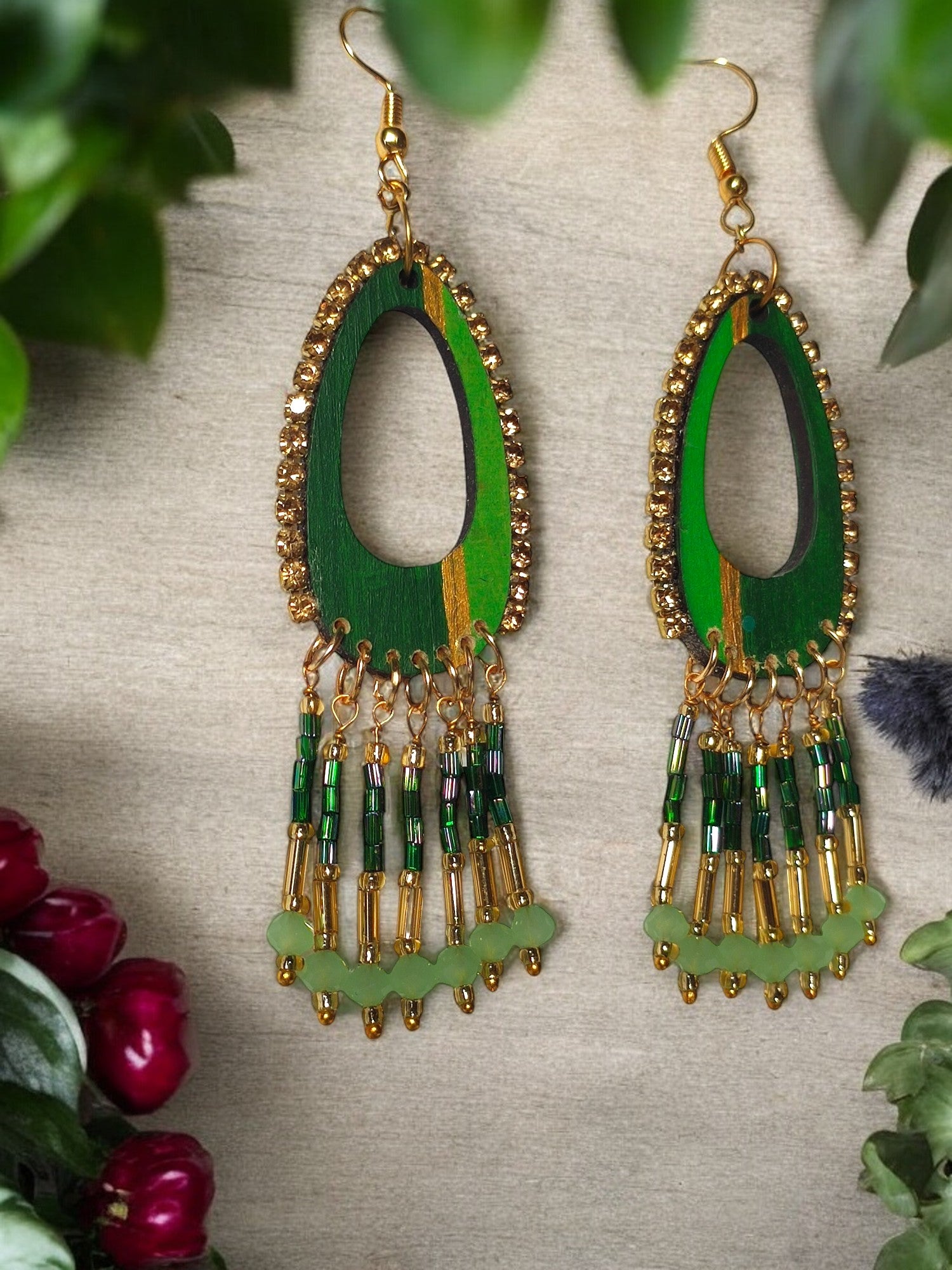 Anusangi Collections shades of green dangle earrings with gold beaded accents and dangling beads