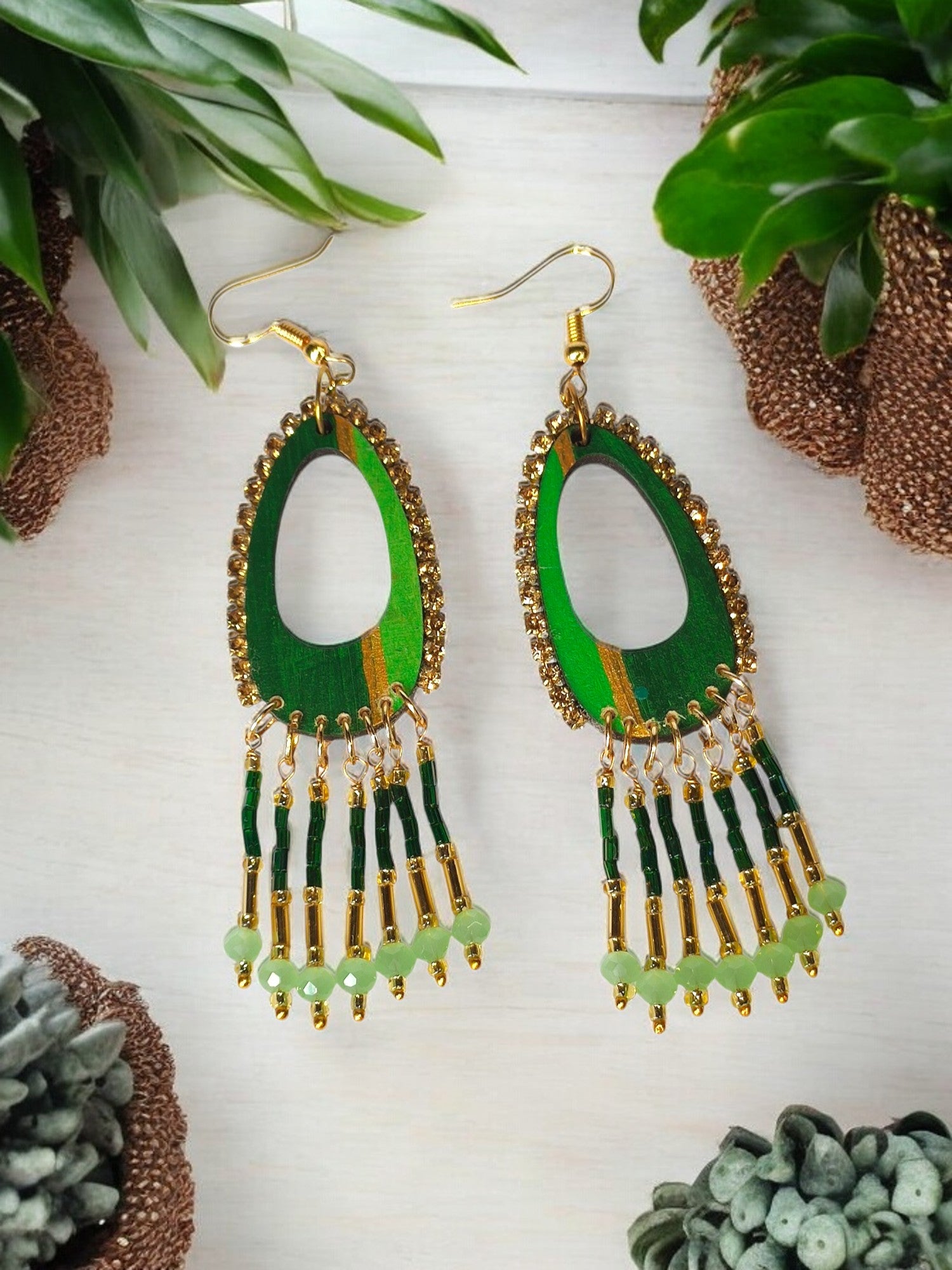 Anusangi Collections shades of green dangle earrings with beaded fringe and gold accents
