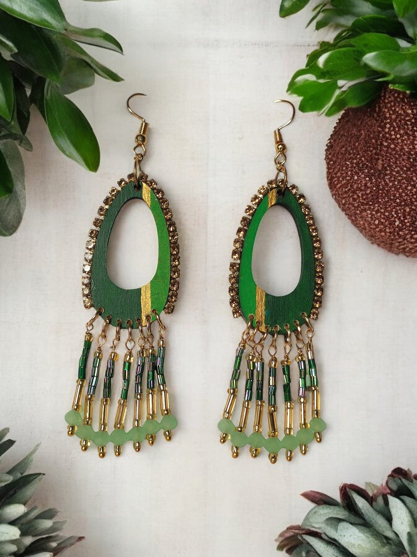 Anusangi Collections shades of green dangle earrings with beaded tassels and gold accents