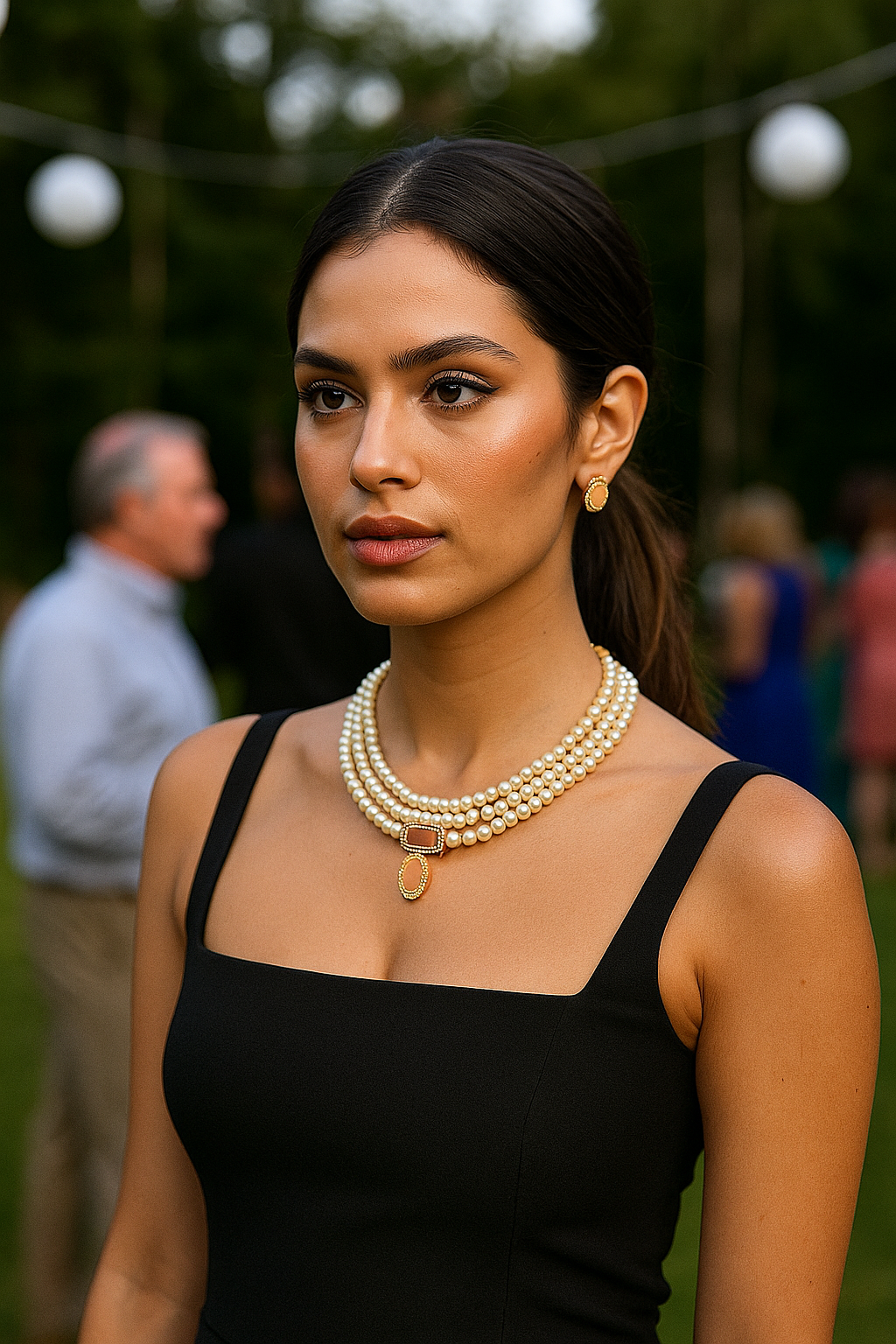Traditional Indian choker for wedding with layered pearl beads and gold pendant by Anusangi Collections