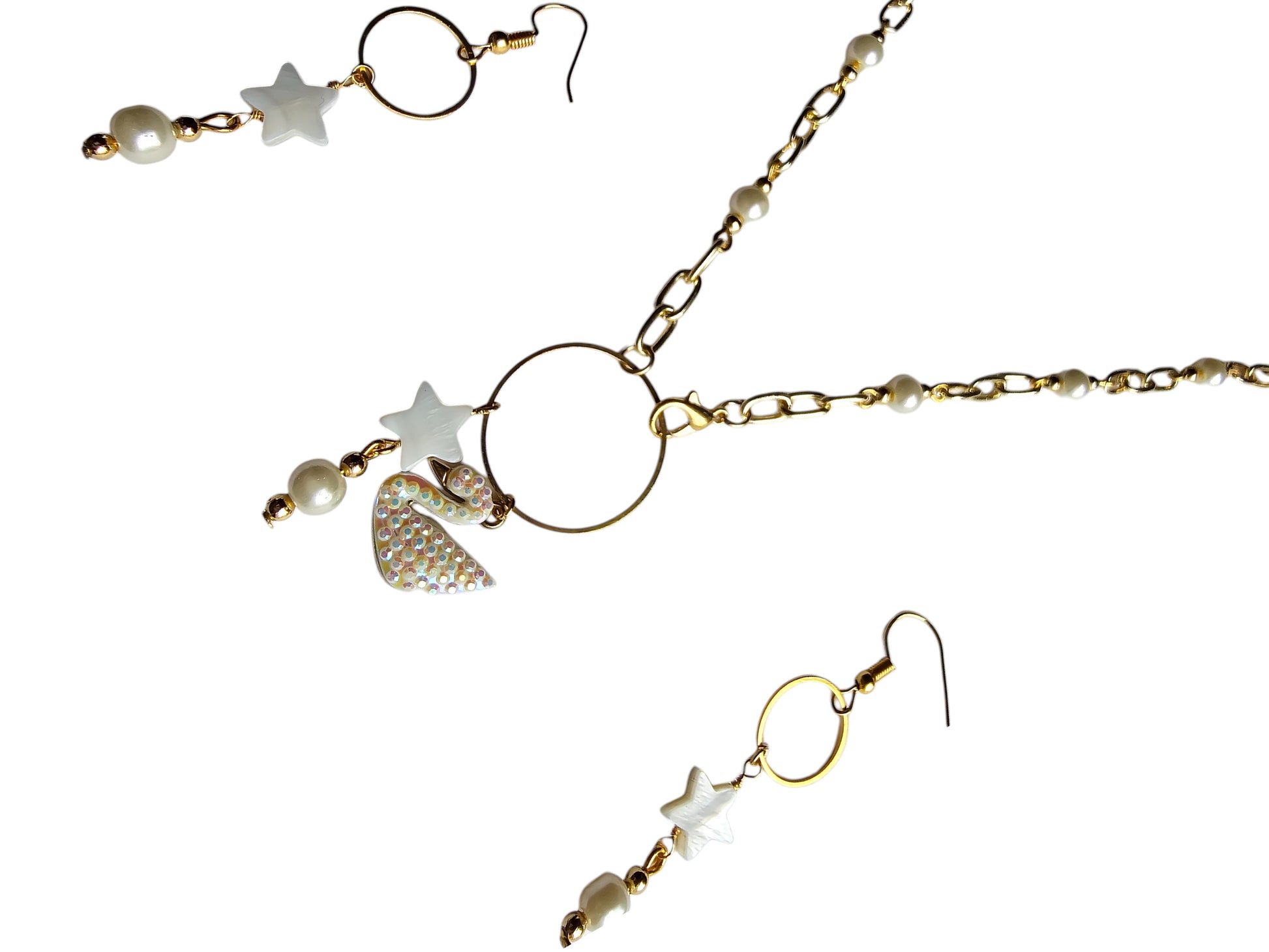 Anusangi Collections white pearl station necklace for women with blue gemstones and matching earrings
